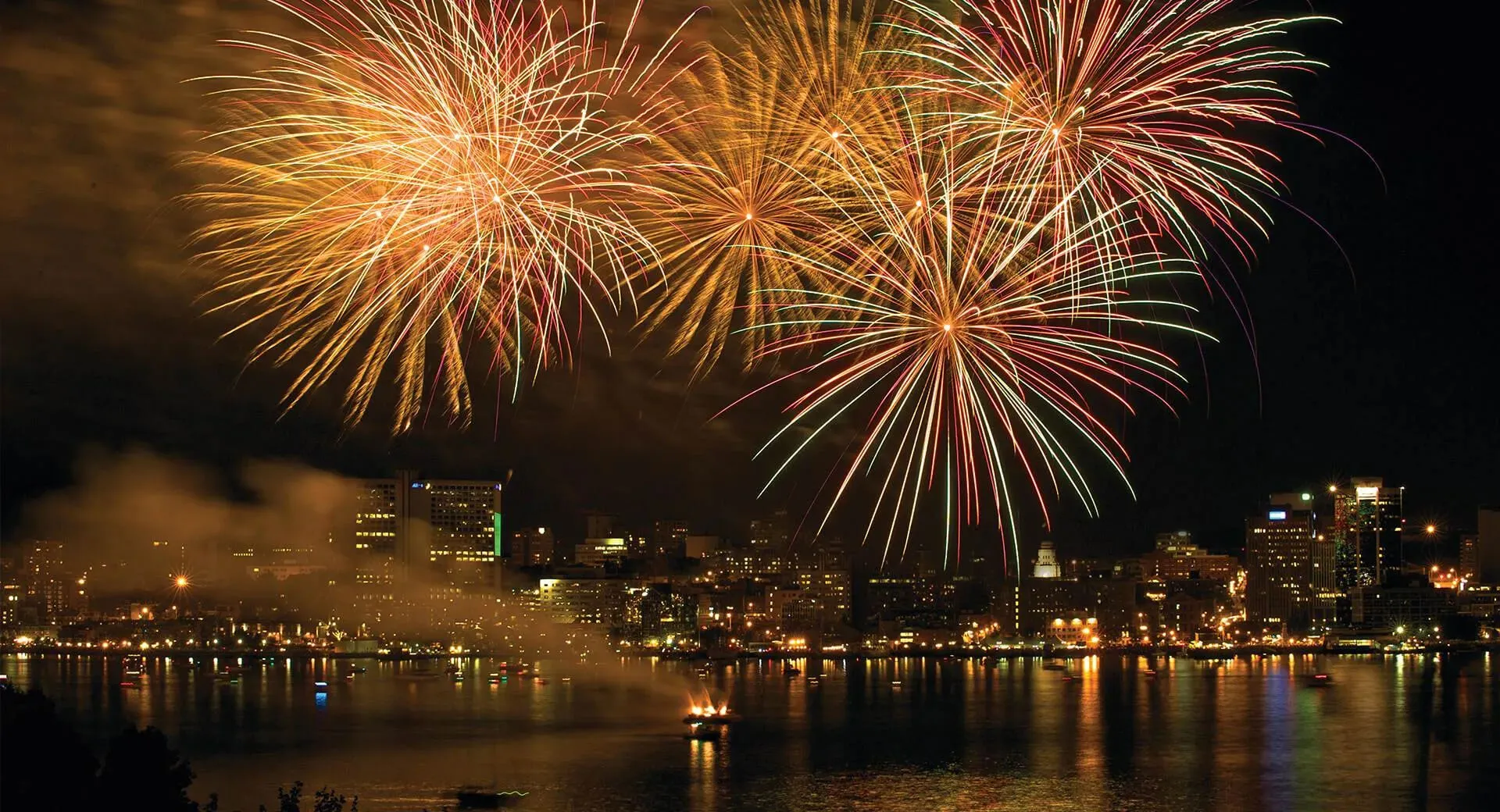 Fireworks over a river in front of a city
